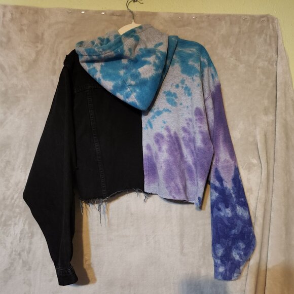 Carman Womens Small Color Blocked Distressed Tie-Dye/Black Cropped Hoodie Jacket - Picture 5 of 5